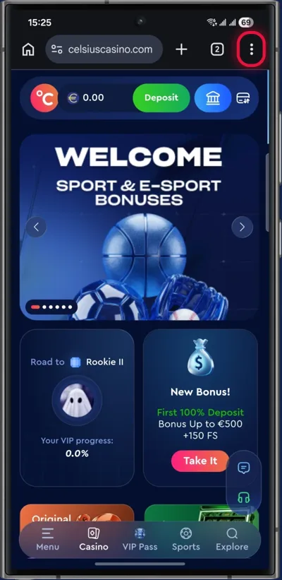 Celsius Casino app telepítése Androidon, 1. lépés