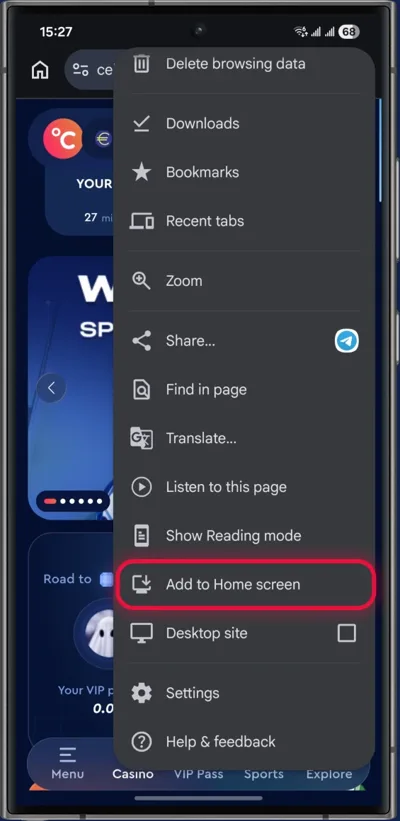 Celsius Casino app telepítése Androidon, 2. lépés