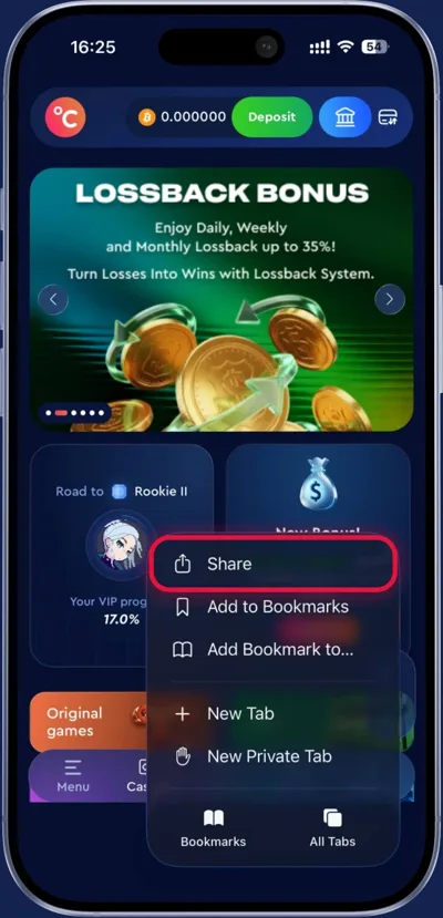 Celsius Casino app telepítése iPhone-on, 1. lépés