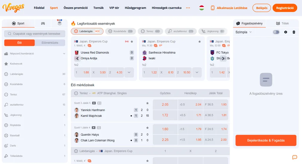V.Vegas sportfogadás: élő meccsek és fogadószelvény
